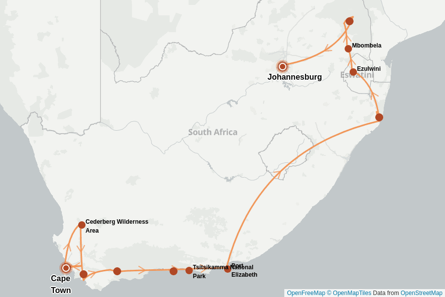 Itinerary Map image for Afrique du Sud : l’essentiel en 3 semaines