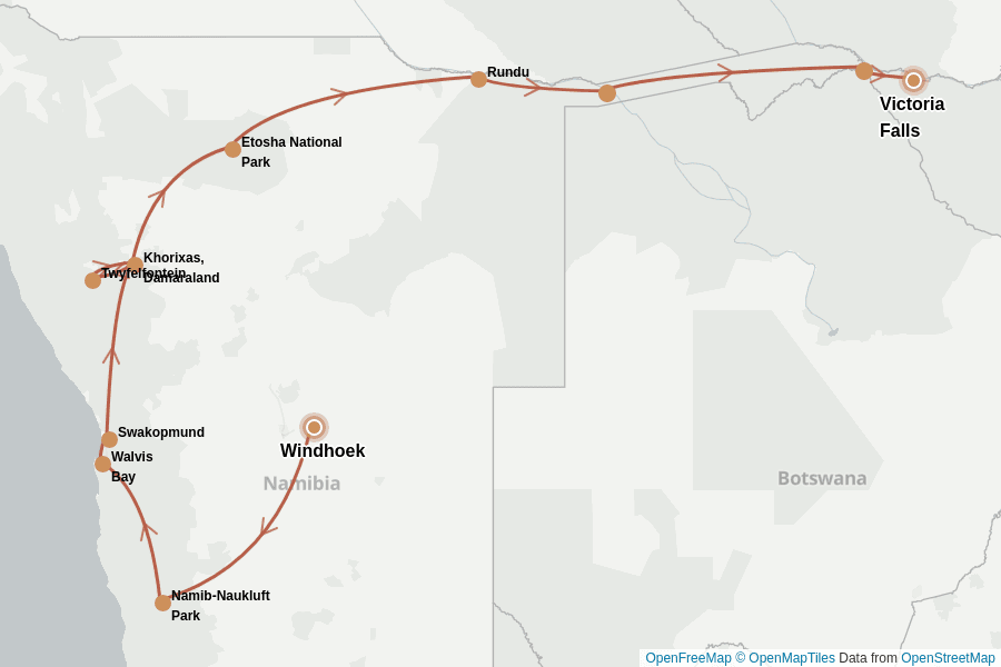 Itinerary Map image for Namibie & Botswana : safari & Chutes Victoria