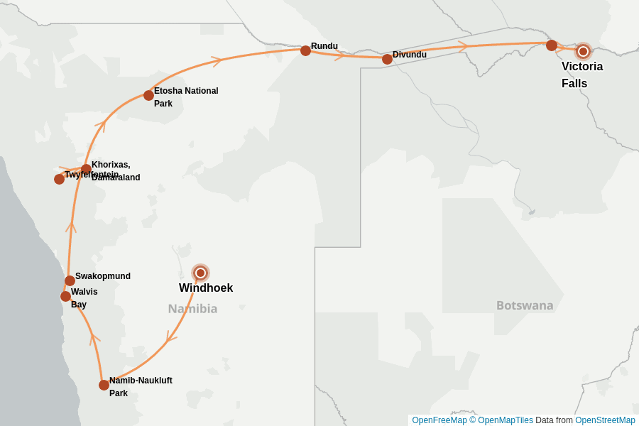 Itinerary Map image for Voyage Namibie, Botswana et Chutes Victoria