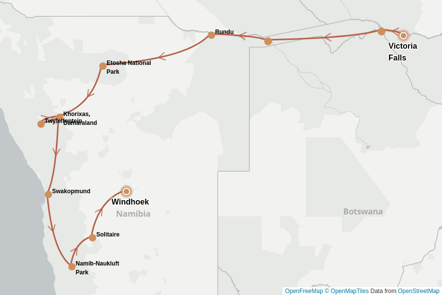 Itinerary Map image for Namibie & Botswana : des Chutes Victoria aux dunes