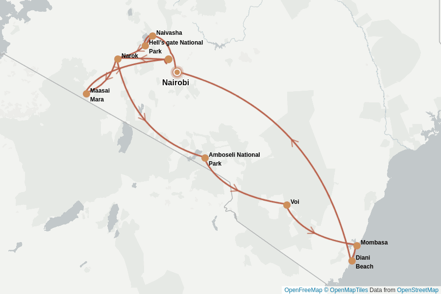 Itinerary Map image for Kenya : safaris & plage paradisiaque