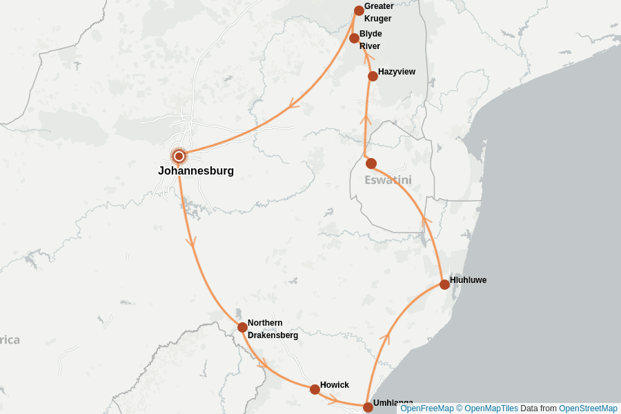 Itinerary Map image for Afrique du Sud & eSwatini : safaris & panoramas
