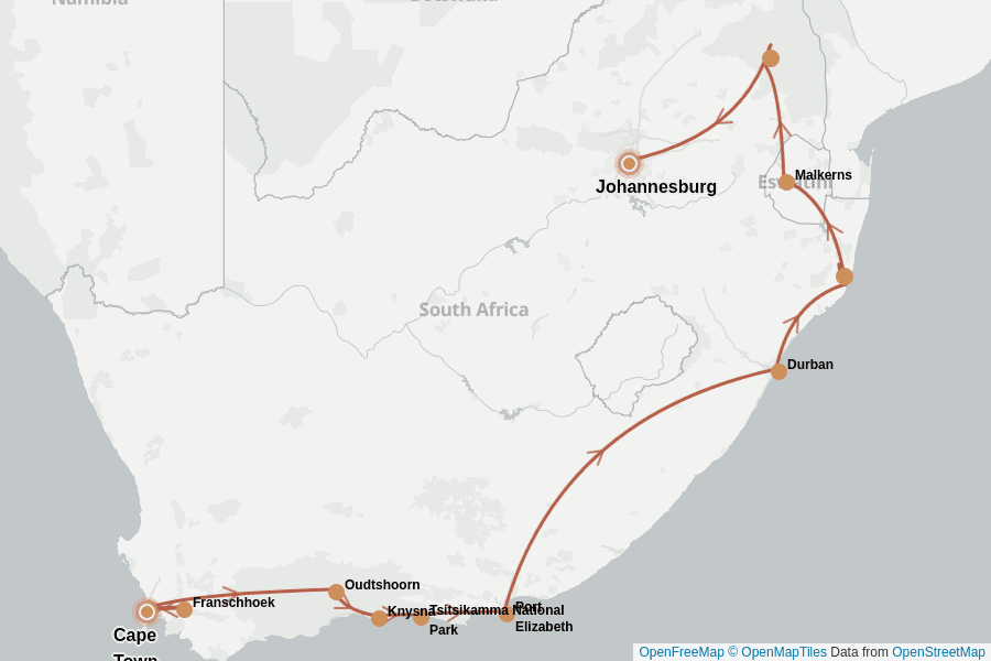 Itinerary Map image for Afrique du Sud : l’essentiel en 2 semaines