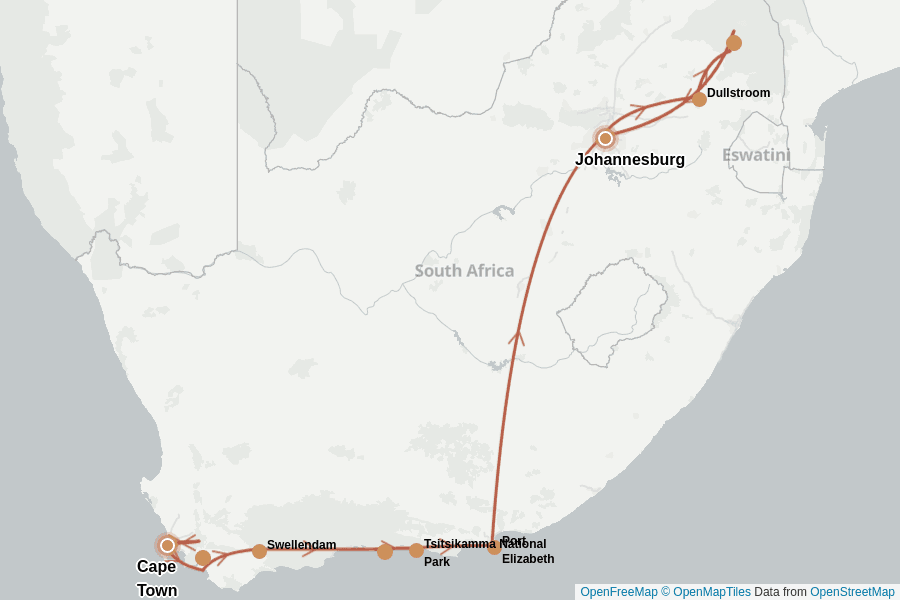 Itinerary Map image for Incontournables d’Afrique du Sud – 15 jours