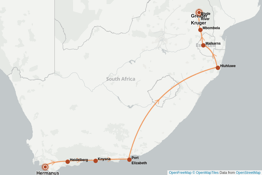 Itinerary Map image for Autotour Afrique du Sud : Cap & Kruger