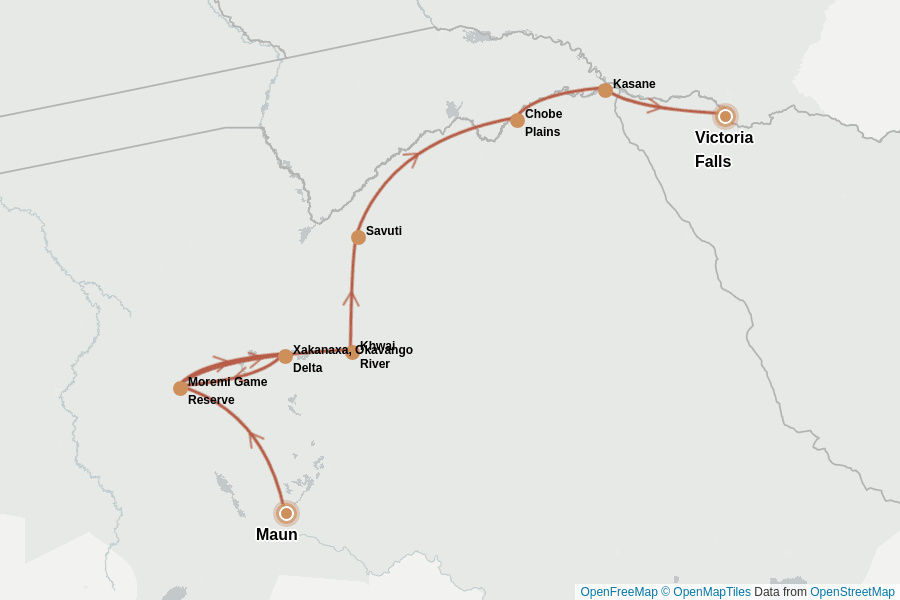 Itinerary Map image for Botswana Safari : Okavango & Chutes de  Victoria
