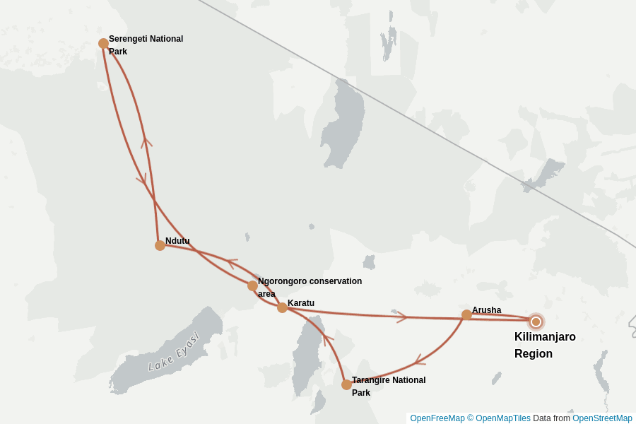 Itinerary Map image for Safari Tanzanie : l’essentiel en 10 jours