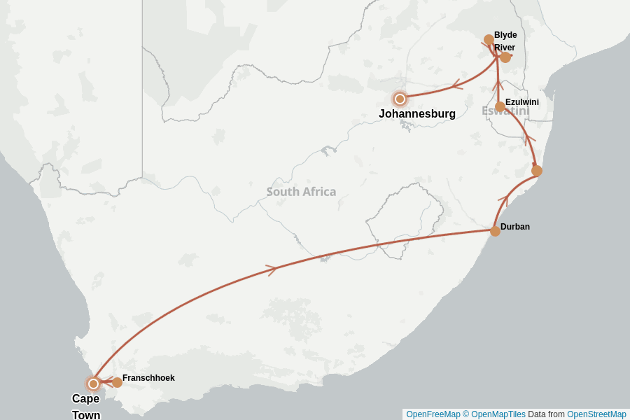 Itinerary Map image for Afrique du Sud : l’essentiel en 2 semaines