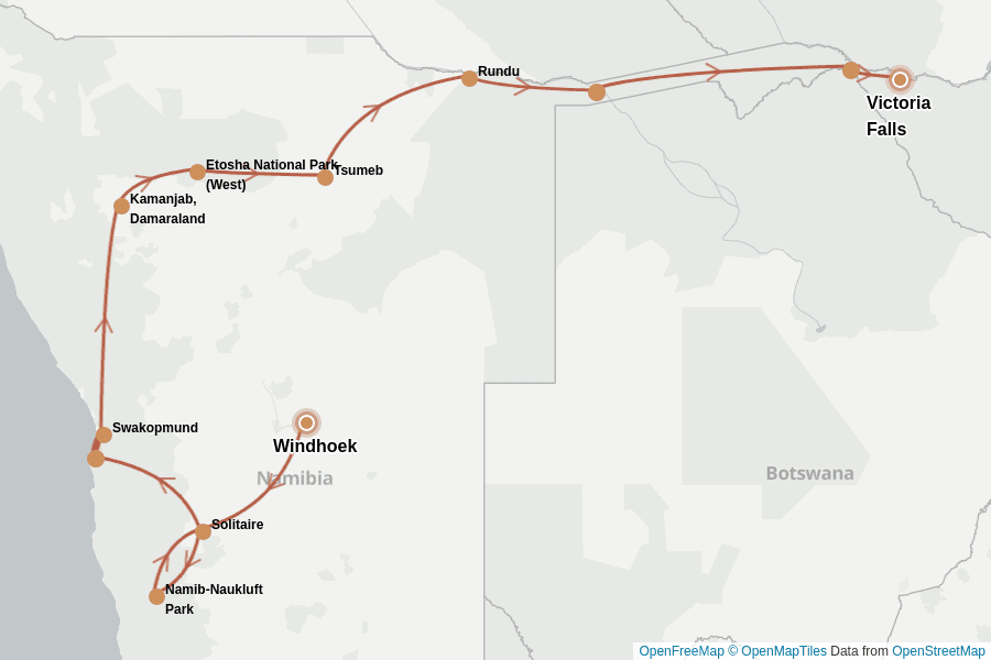 Itinerary Map image for Namibie & Botswana : safari & Chutes Victoria