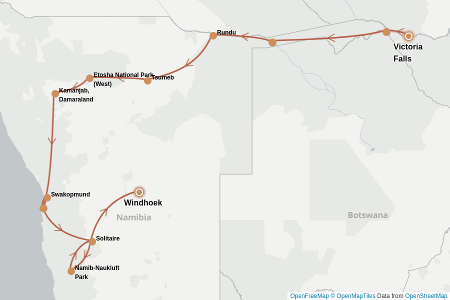 Itinerary Map image for Namibie & Botswana : des Chutes Victoria aux dunes