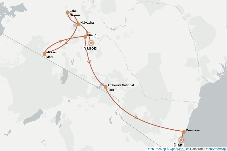 Itinerary Map image for Kenia pur: Safari bis zum Strand