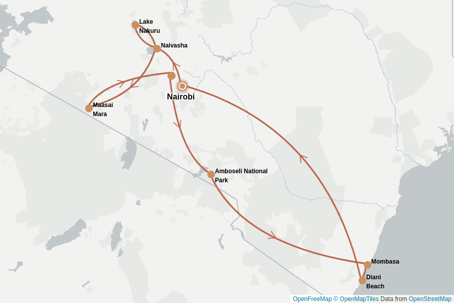 Itinerary Map image for Kenya : safaris & plage paradisiaque