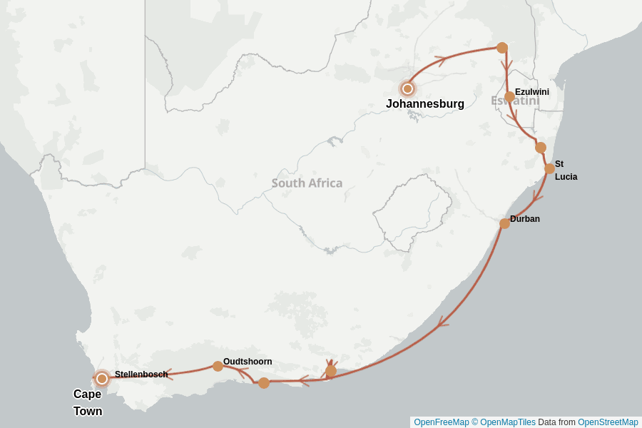 Itinerary Map image for Afrique du Sud : l’essentiel en 3 semaines