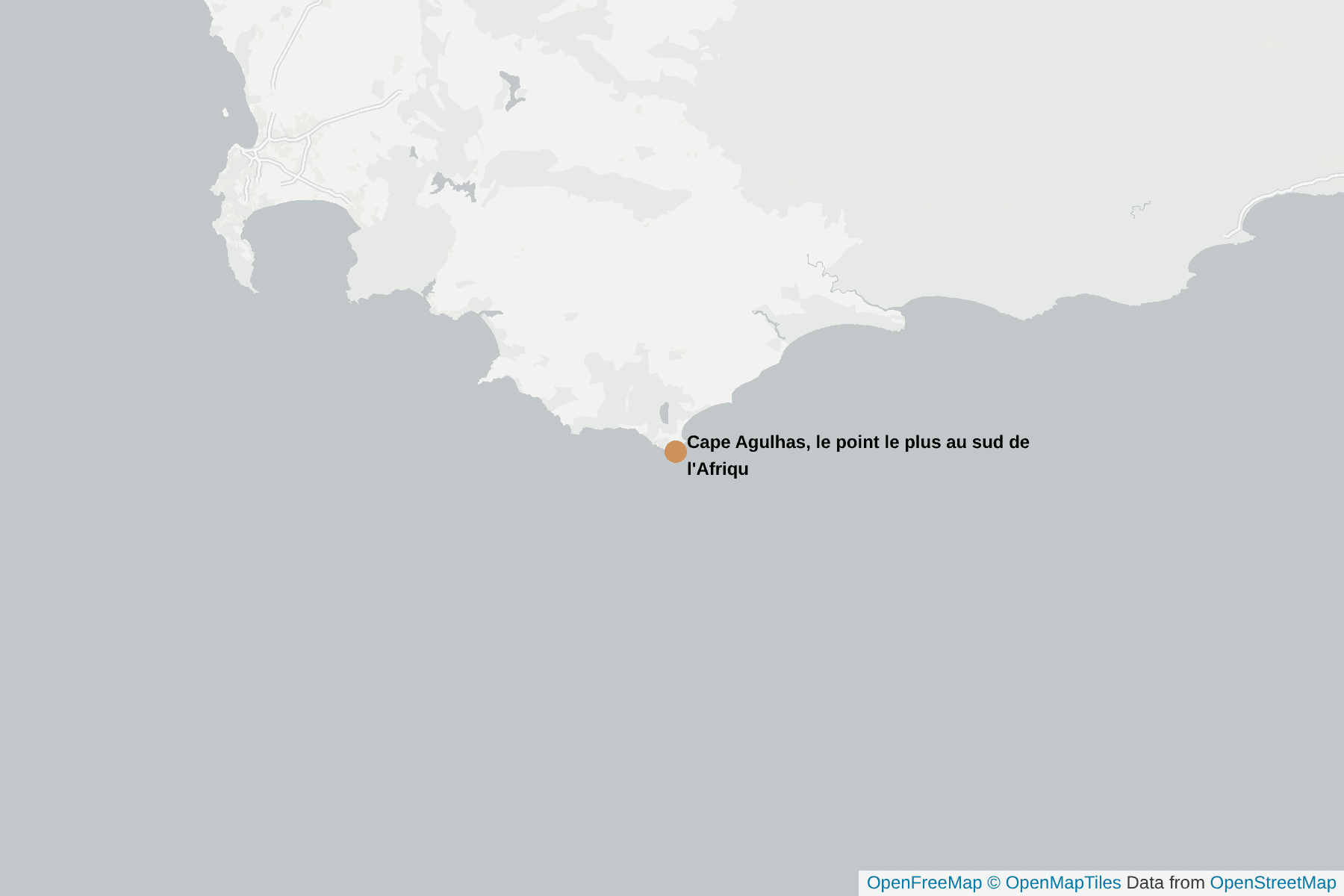 Carte de Cape Agulhas, le point le plus au sud de l'Afrique